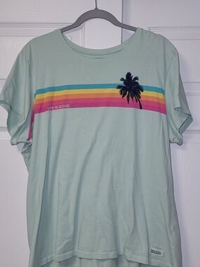 Life Is Good Mint Green Tee with Rainbow Stripes and Palm